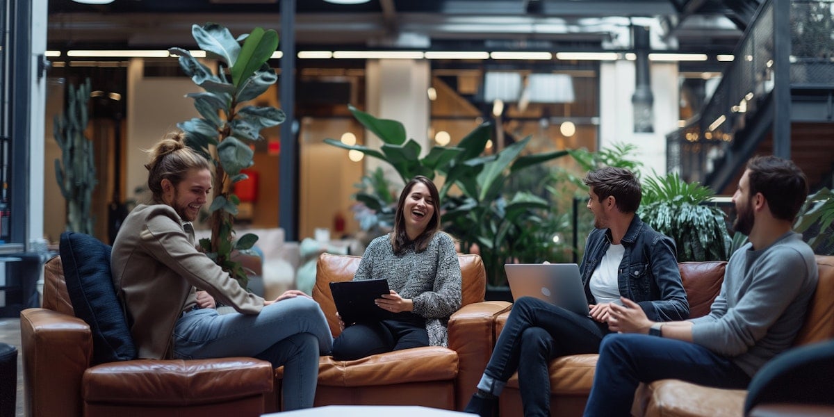 A group of four people engaged in a discussion while seated in a cozy, plant-filled setting.